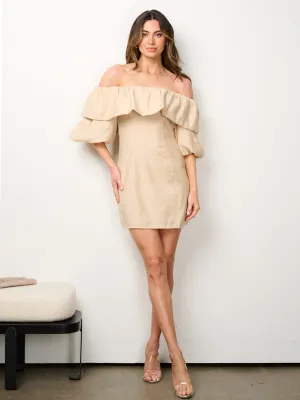 WOMEN'S OFF SHOULDER RUFFLE SOLID MINI DRESS