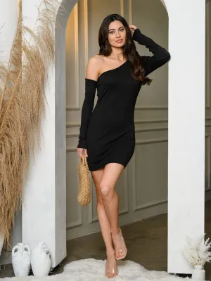 WOMEN'S ONE SHOULDER LONG SLEEVE BODYCON MINI DRESS