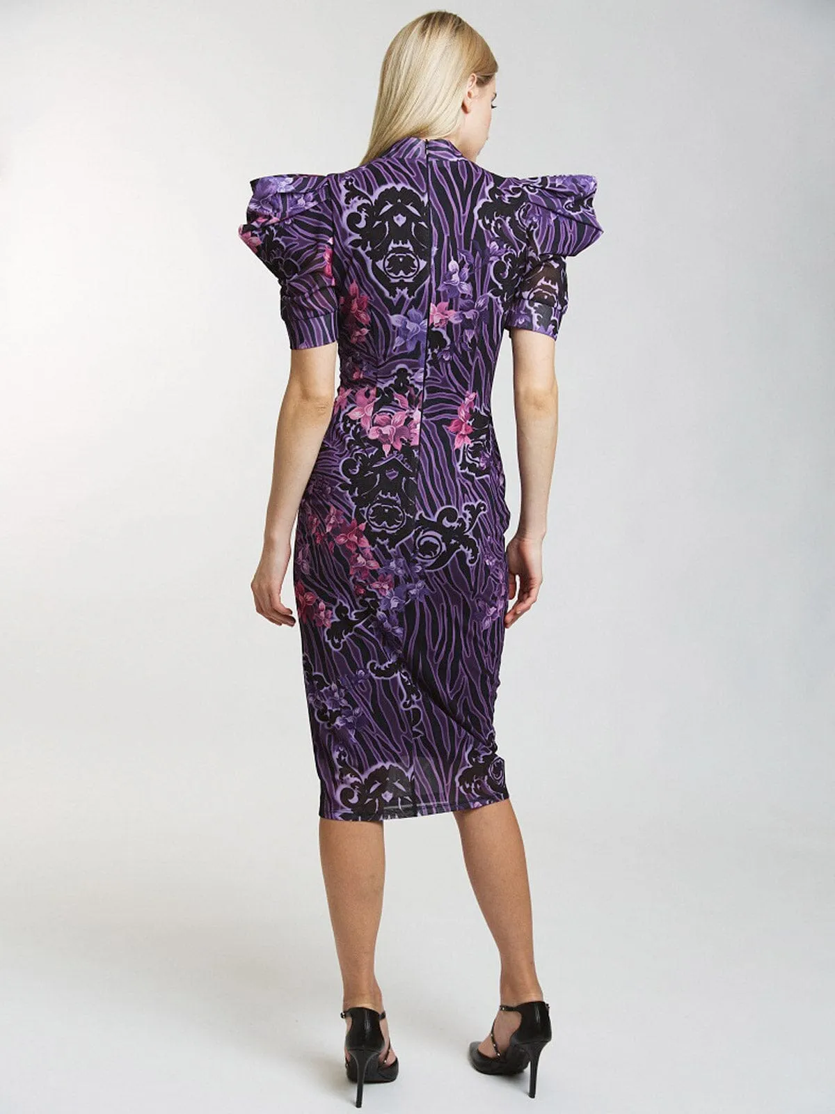 WOMEN'S SHORT PUFF SLEEVE MOCK NECK BODYCON MULTI PRINT MIDI DRESS