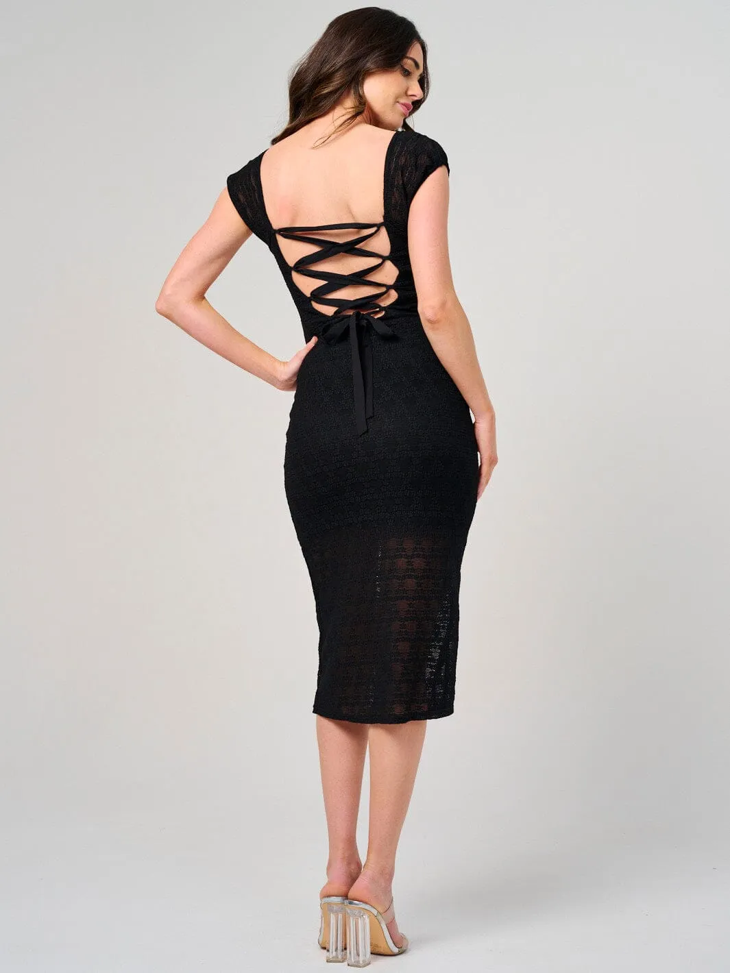 WOMEN'S SHORT SLEEVE SQUARE NECK OPEN BACK BODYCON MIDI DRESS