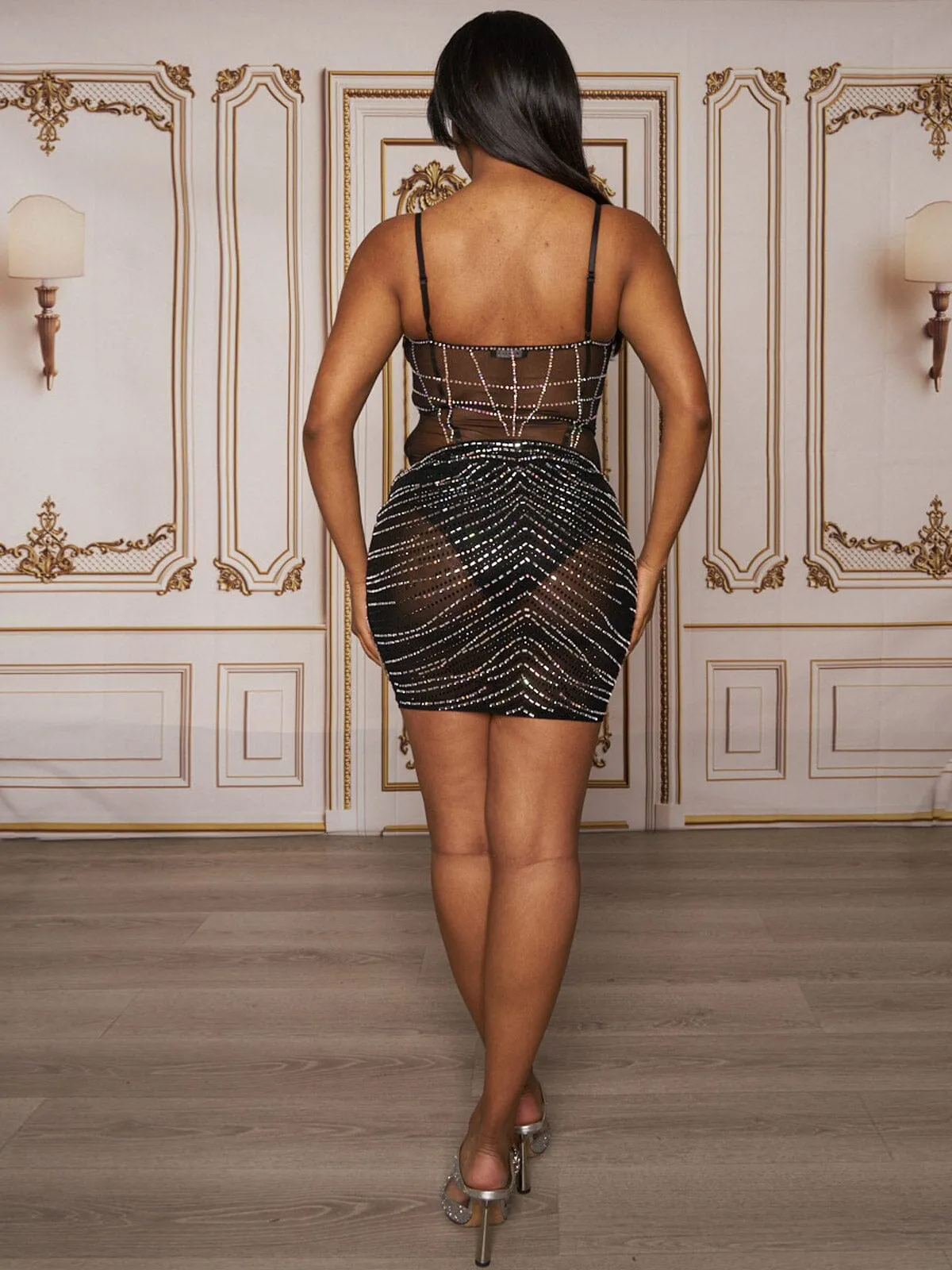 WOMEN'S SLEEVELESS BODYCON STUDS MESH MINI DRESS