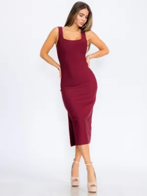 WOMEN'S SLEEVELESS SQUARE NECK SIDE SLIT BODYCON BANDAGE MIDI DRESS