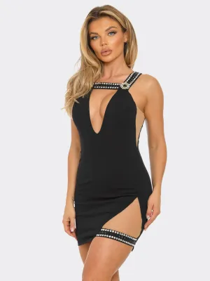 WOMEN'S SLEEVELESS V-NECK MESH STUDS BODYCON MINI DRESS