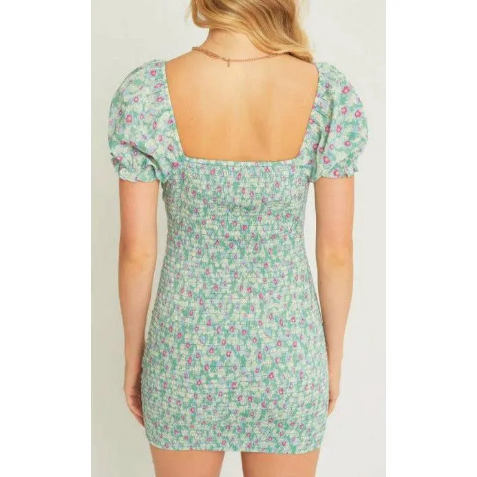 Woven Print Drawstring Ruched Front Dress