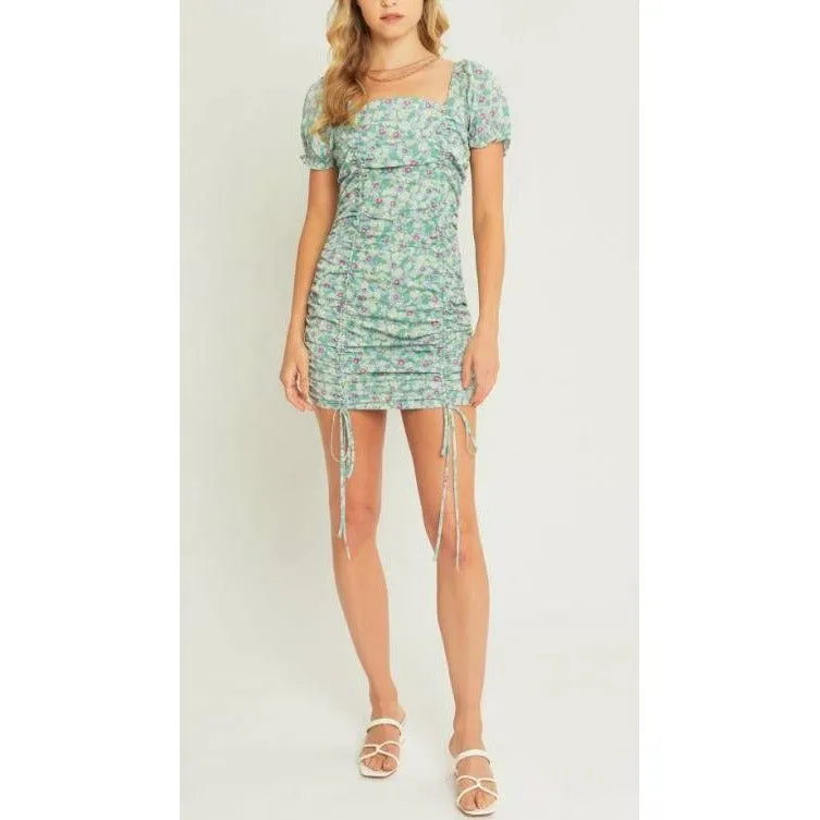 Woven Print Drawstring Ruched Front Dress