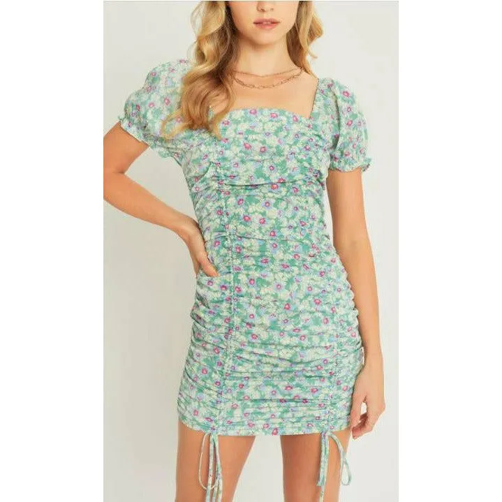 Woven Print Drawstring Ruched Front Dress