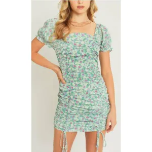 Woven Print Drawstring Ruched Front Dress