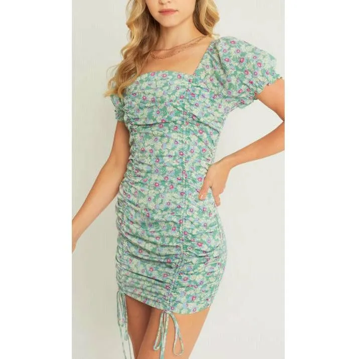 Woven Print Drawstring Ruched Front Dress