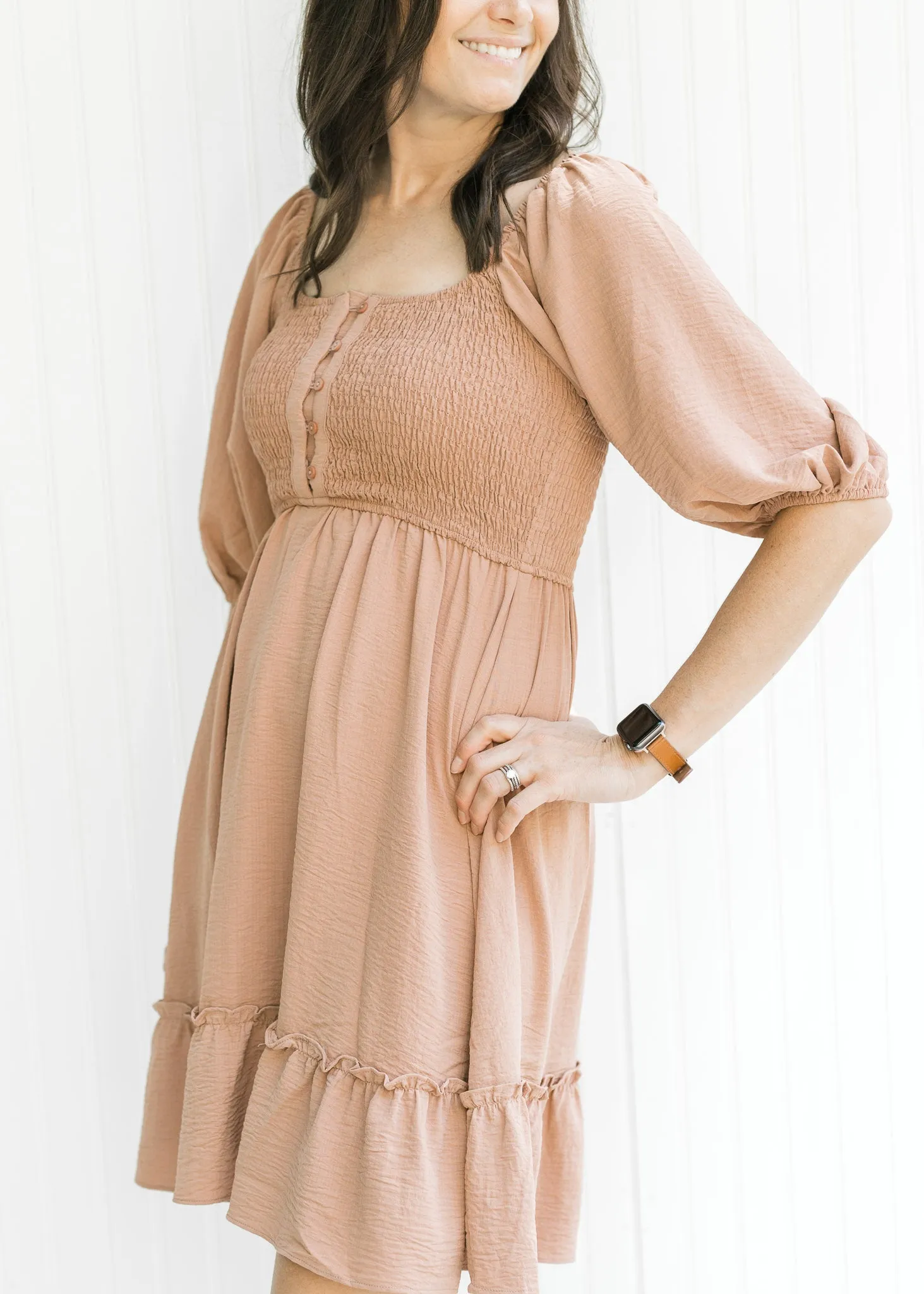 X Dusty Ruched Button Dress