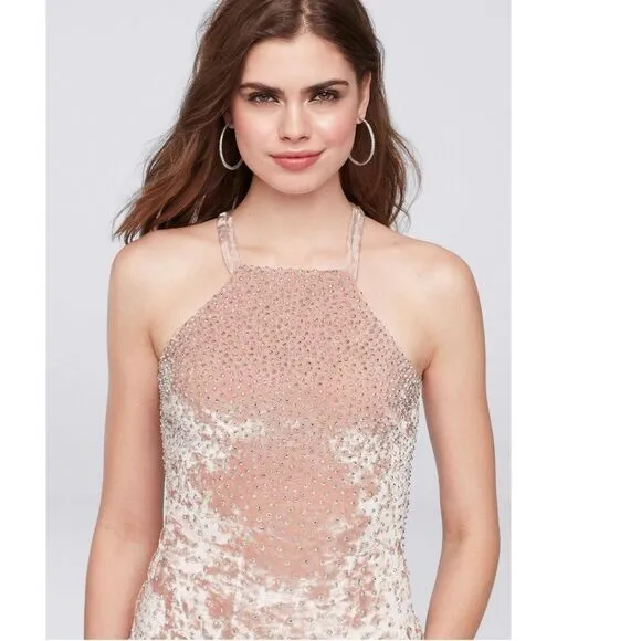 Xscape Crushed Velvet Halter Sheath Gown with open back (8)