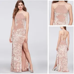 Xscape Crushed Velvet Halter Sheath Gown with open back (8)