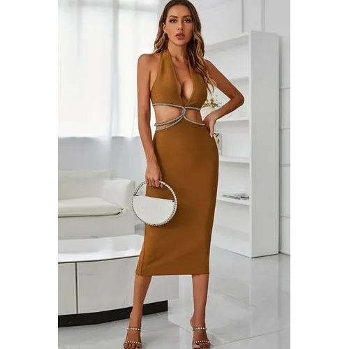 'Xylia' Rhinestone Halter Neck Midi Dress