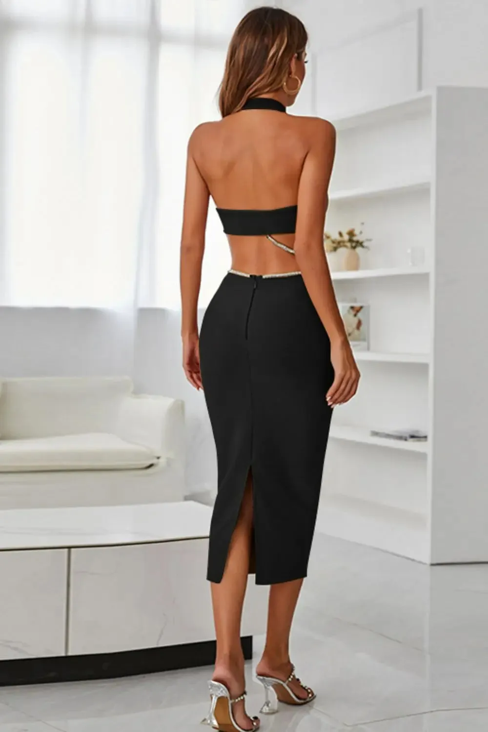'Xylia' Rhinestone Halter Neck Midi Dress