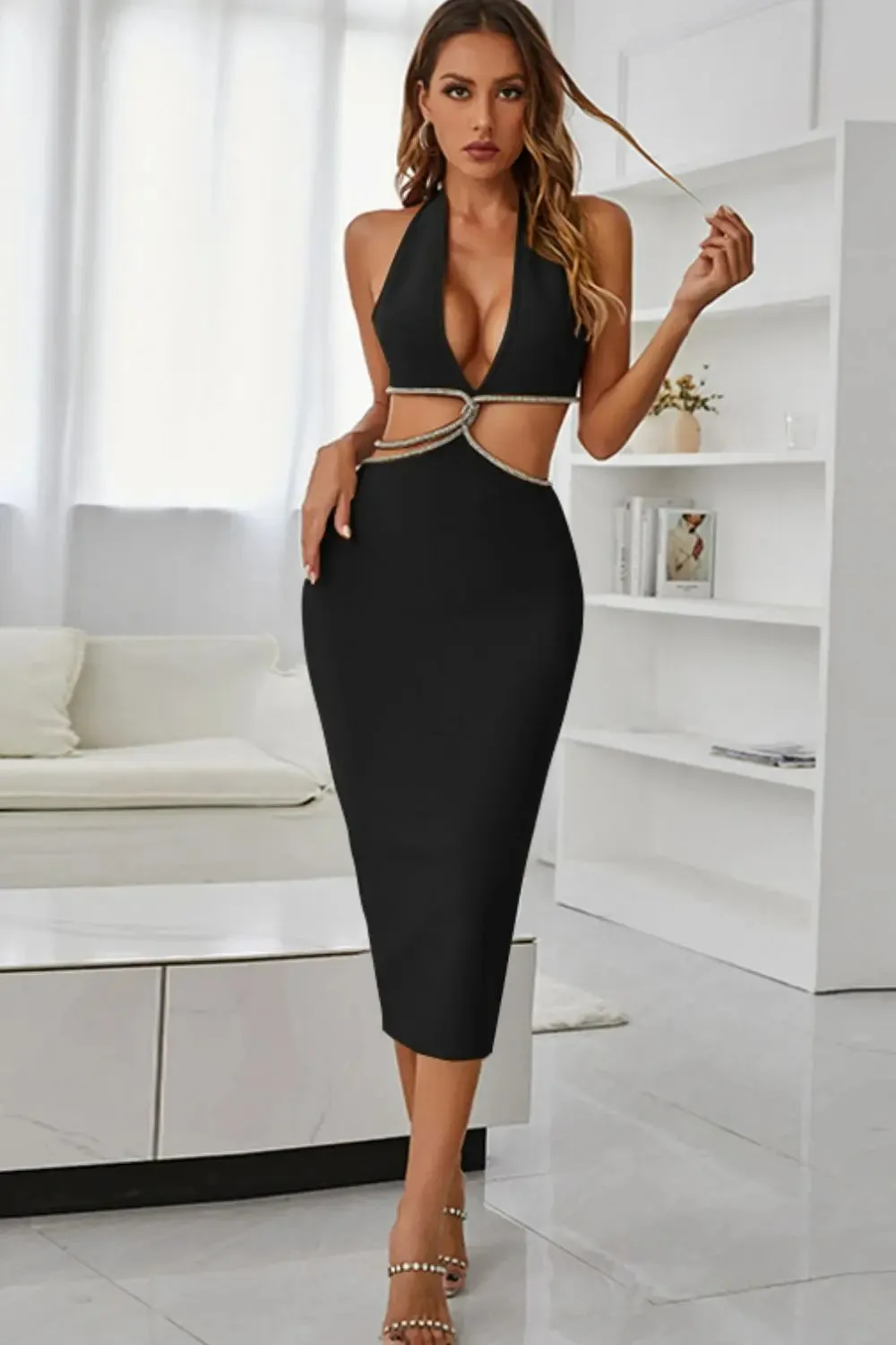 'Xylia' Rhinestone Halter Neck Midi Dress