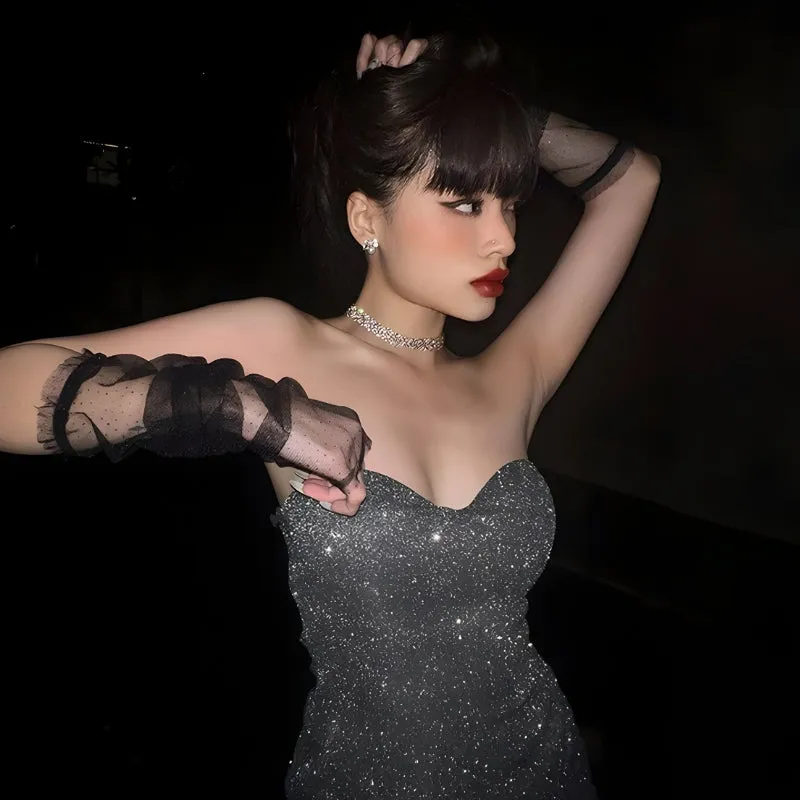 Y2K Glitter Strapless Mini Dress