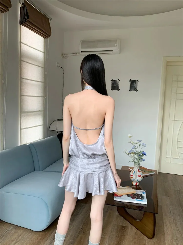 Y2K Metallic Backless Mini Dress