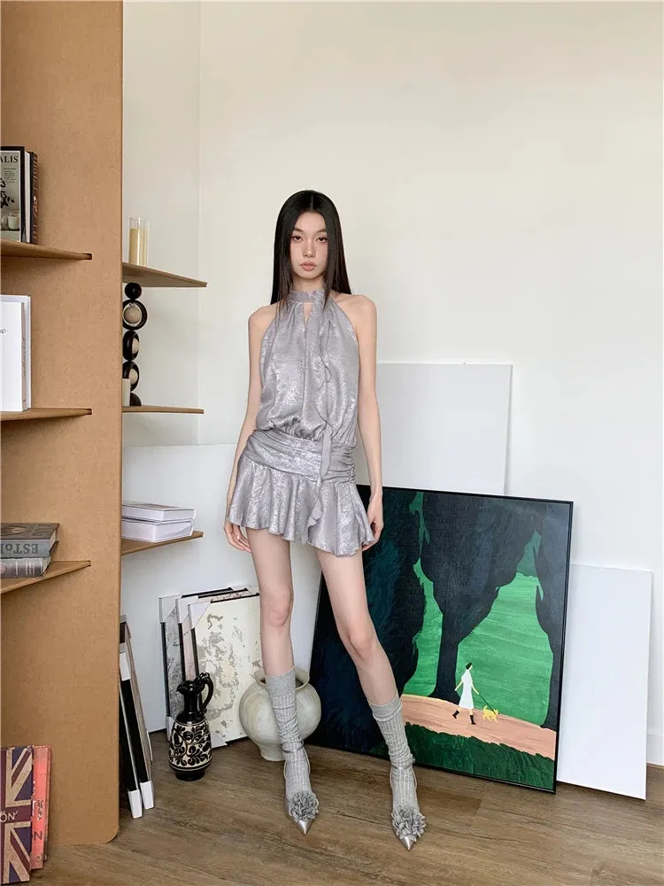 Y2K Metallic Backless Mini Dress