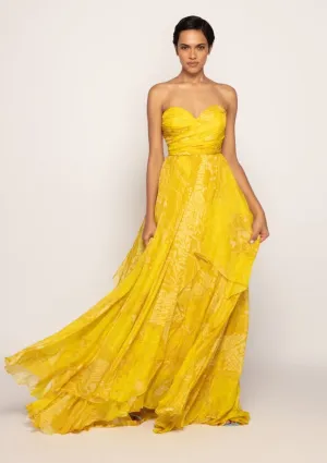 Yellow bandhani print strapless gown