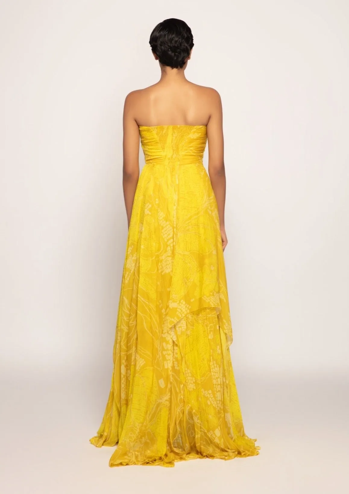 Yellow bandhani print strapless gown
