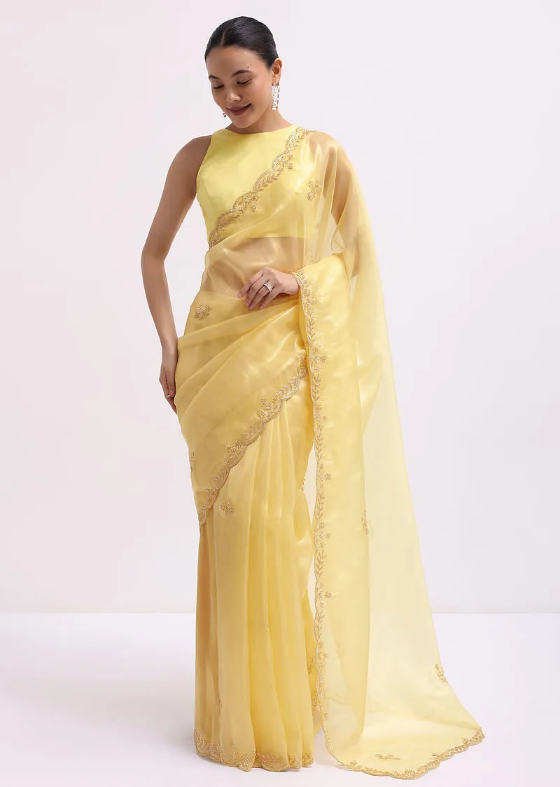 Yellow Embroidered Tissue Saree