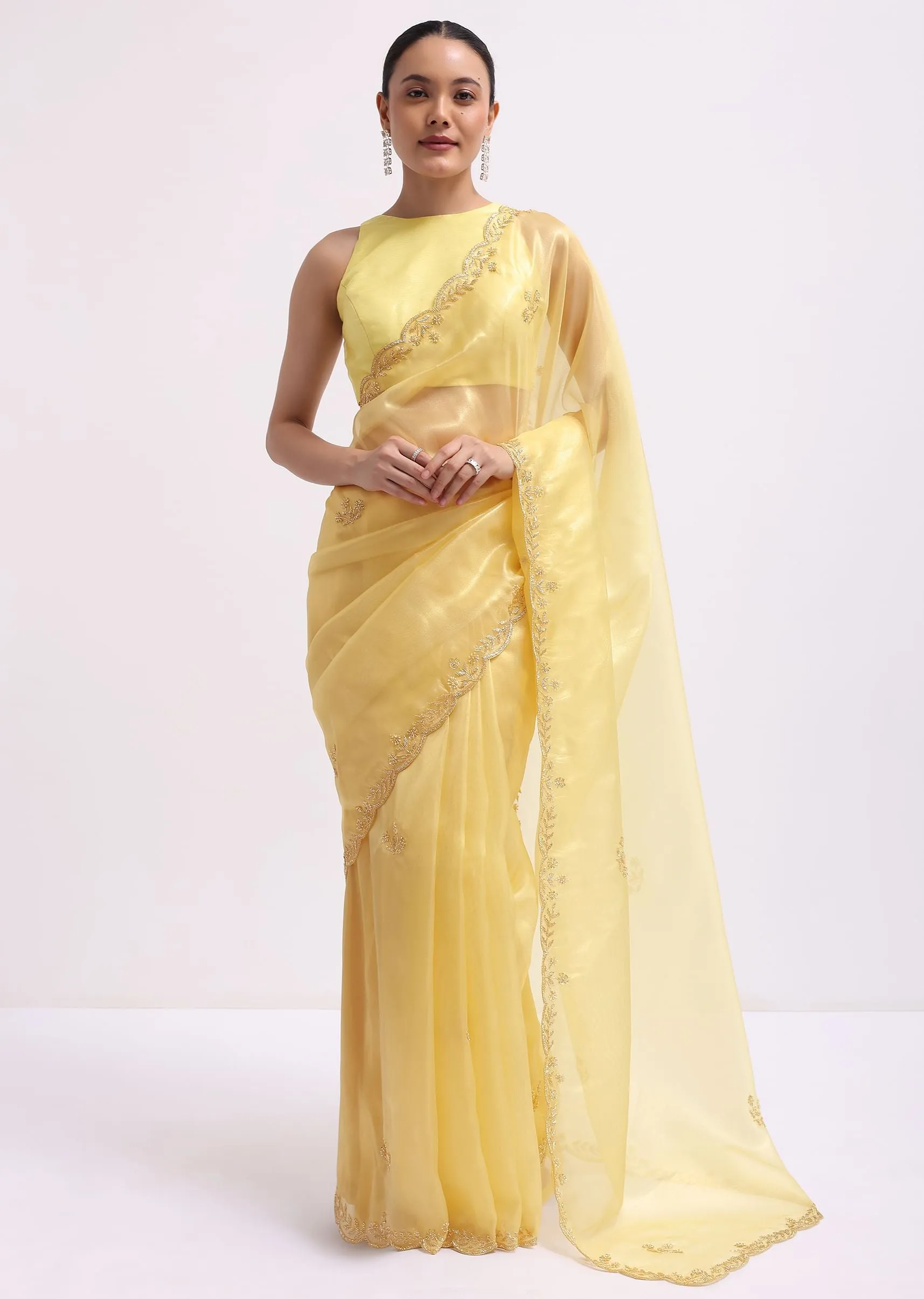 Yellow Embroidered Tissue Saree