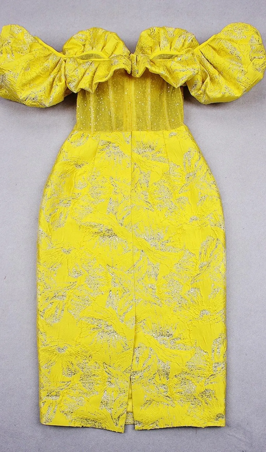YELLOW OFF SHOULDER PLEATED MIDI BODYCON DRESS