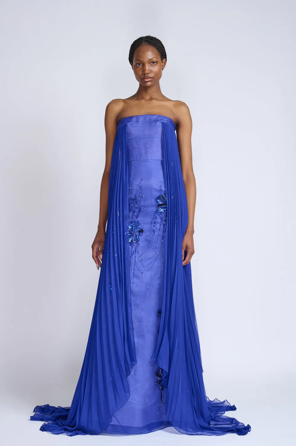 Yves Blue Organza and Chiffon Strapless Gown With Sapphire Fleur Embroidery