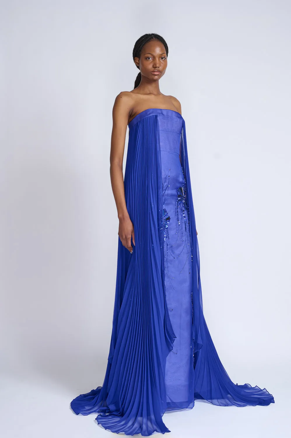 Yves Blue Organza and Chiffon Strapless Gown With Sapphire Fleur Embroidery