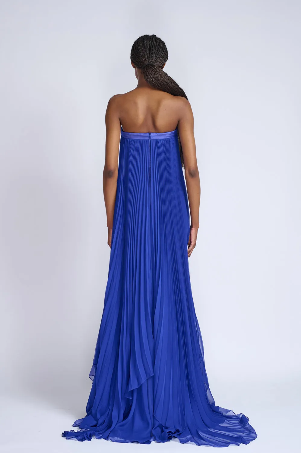 Yves Blue Organza and Chiffon Strapless Gown With Sapphire Fleur Embroidery