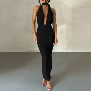 Zadea Plunge Halter Backless Ruched Maxi Dress