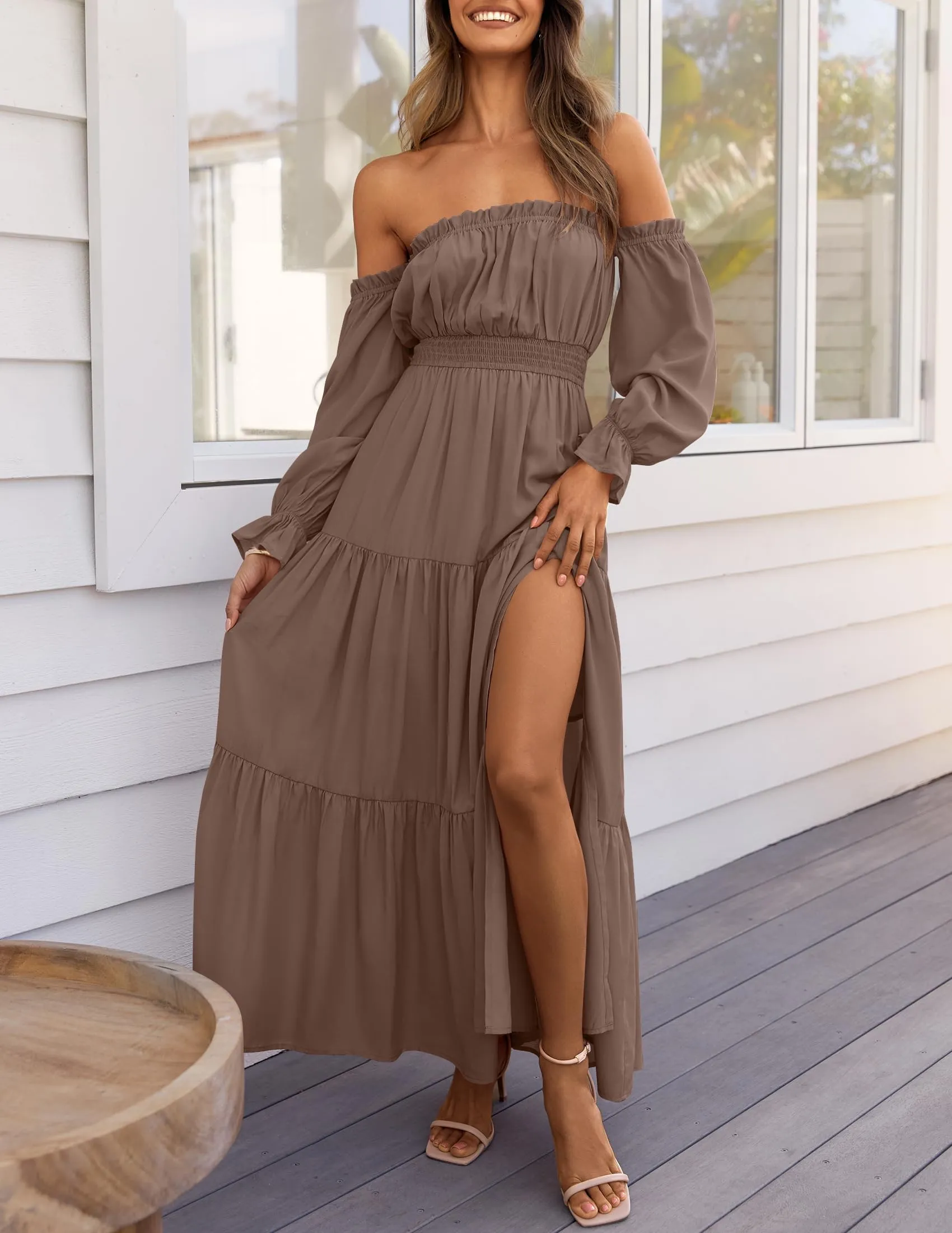 ZESICA Women's 2025 Boho Sexy Off Shoulder Long Sleeve Smocked High Waist Side Split Flowy A Line Tiered Long Maxi Dress,Coffee,Medium