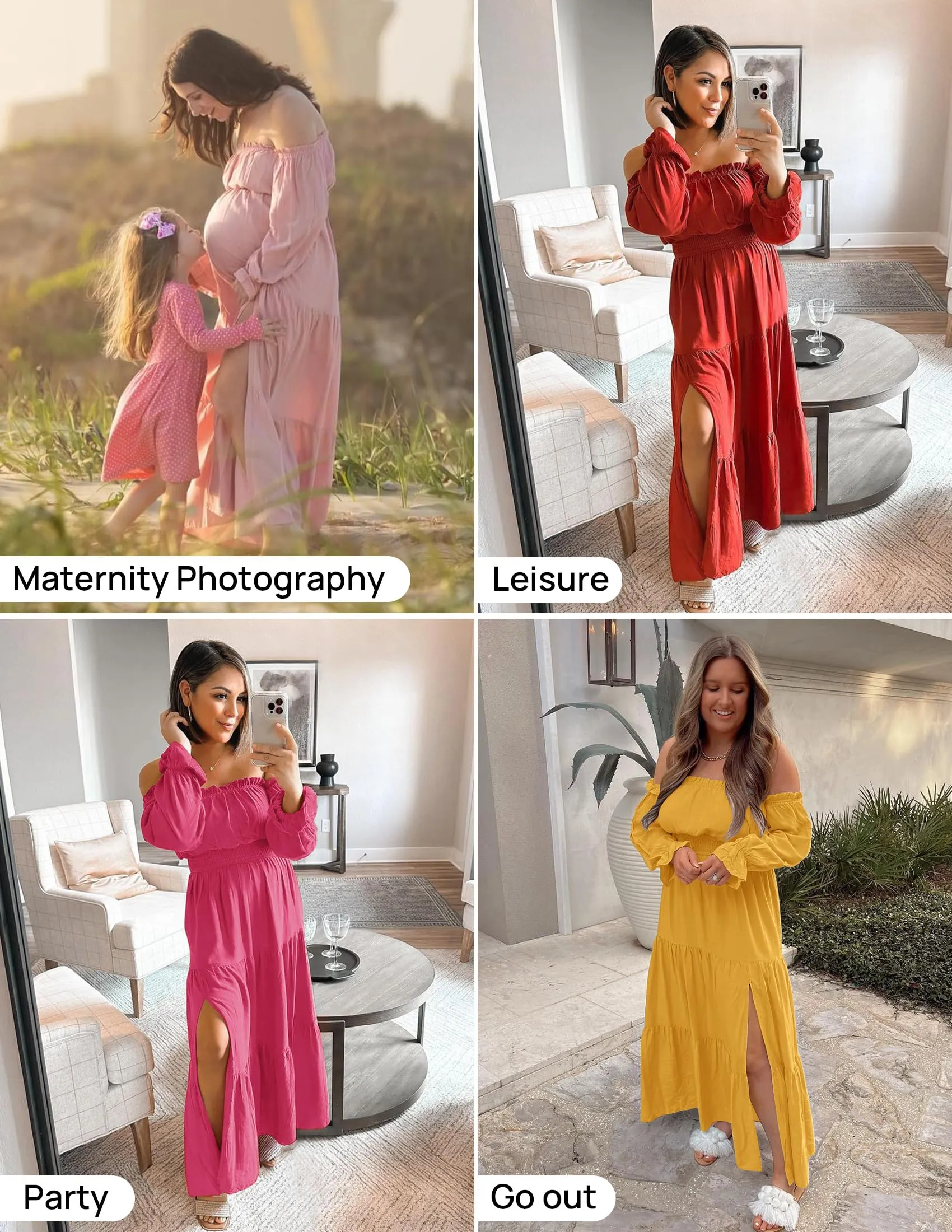 ZESICA Women's 2025 Boho Sexy Off Shoulder Long Sleeve Smocked High Waist Side Split Flowy A Line Tiered Long Maxi Dress,Coffee,Medium