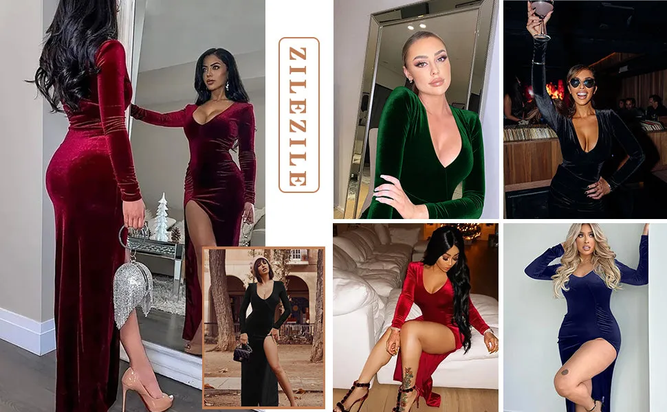ZileZile Deep V Neck High Slit Cocktail Party Maxi Dresses
